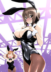 Rule 34 | 10s, 2girls, alternate costume, animal ears, black legwear, black leotard, blush, bob cut, bow, bowtie, breasts, brown eyes, brown hair, caramelldansen, closed mouth, detached collar, embarrassed, fake animal ears, girls und panzer, hand on own chest, highres, large breasts, leotard, multiple girls, nakahira guy, nishizumi maho, nishizumi miho, open mouth, pantyhose, playboy bunny, rabbit ears, rabbit tail, short hair, siblings, sisters, tail, wrist cuffs