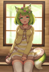 Rule 34 | 1girl, :d, animal ear fluff, animal ears, backlighting, blush, breasts, collarbone, day, drawstring, dress, flower, fox ears, fox tail, green eyes, green hair, hair flower, hair ornament, head wreath, highres, indoors, long sleeves, looking at viewer, medium breasts, open mouth, original, sasaame, short hair, sitting, smile, solo, striped clothes, striped dress, tail, thighhighs, tree, white thighhighs, window, zettai ryouiki
