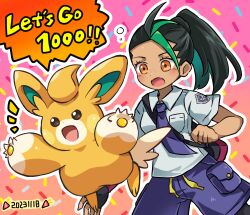 Rule 34 | 1girl, :o, backpack, bag, black hair, blush, brown eyes, collared shirt, commentary request, creatures (company), dated, eyelashes, freckles, game freak, highres, kedamamax, logo, multicolored hair, necktie, nemona (pokemon), nintendo, open mouth, outline, pawmo, pokemon, pokemon (creature), pokemon sv, ponytail, purple necktie, purple shorts, shirt, short sleeves, shorts, two-tone hair
