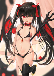 Rule 34 | 1girl, absurdres, bad id, bad pixiv id, bare arms, bare shoulders, bikini, black bikini, black choker, black footwear, black hair, blurry, boots, brooch, child, choker, closed mouth, collarbone, demon girl, demon tail, demon wings, depth of field, fingernails, flat chest, frilled choker, frills, garter straps, hair ornament, hair ribbon, hairclip, heart, heart-shaped pupils, highleg, highleg bikini, highres, jewelry, leg up, lips, long hair, looking at viewer, micro bikini, nail polish, navel, one eye closed, original, polearm, qianqiu wanxia, red eyes, red nails, red ribbon, revision, ribbon, sharp fingernails, sidelocks, solo, standing, standing on one leg, stomach, demon girl, swimsuit, symbol-shaped pupils, tail, thigh boots, thighhighs, trident, twintails, very long hair, weapon, wings, wristband