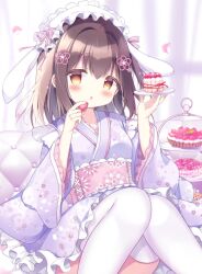 Rule 34 | 1girl, animal ears, azumi kazuki, blush, breasts, brown eyes, brown hair, commentary request, fake animal ears, feet out of frame, floral print, food, frilled hairband, frilled sleeves, frills, fruit, hair ribbon, hairband, hands up, highres, holding, holding food, holding tray, japanese clothes, kimono, knees together feet apart, long sleeves, looking at viewer, obi, one side up, original, parted lips, pink ribbon, print kimono, purple kimono, rabbit ears, ribbon, sash, small breasts, solo, strawberry, thighhighs, tiered tray, tray, upper body, white hairband, white thighhighs, wide sleeves