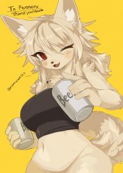 Rule 34 | 1girl, :3, animal ear fluff, animal ears, beer can, blush, body fur, bottomless, breasts, can, commission, commissioner name, crop top, drink can, english text, eyelashes, fang, furry, furry female, grey hair, highres, holding, holding can, long hair, looking at viewer, messy hair, navel, one eye closed, open mouth, original, red eyes, simple background, solo, suesubro, tail, wolf ears, wolf tail, yellow background
