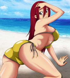 Rule 34 | 1girl, :3, all fours, arm up, ass, beach, bikini, black eyes, breasts, cameltoe, cloud, erza scarlet, fairy tail, flowerinhell, from behind, hand on own head, large breasts, legs, long hair, looking at viewer, looking back, ocean, red hair, sand, side-tie bikini bottom, sky, smile, swimsuit, thighs, water, yellow bikini