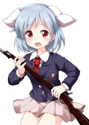 Rule 34 | 1girl, animal ears, black jacket, blazer, blue hair, brown skirt, buttons, collared shirt, cowboy shot, crescent, crescent pin, gun, highres, holding, holding gun, holding weapon, jacket, light blue hair, long sleeves, looking at viewer, necktie, open mouth, pleated skirt, rabbit ears, rabbit tail, red necktie, reisen, rifle, ruu (tksymkw), shirt, short hair, simple background, skirt, solo, standing, tail, tears, thighhighs, touhou, weapon, white background, white shirt, zettai ryouiki