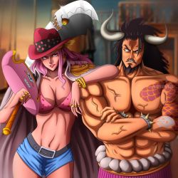 Rule 34 | 1boy, 1girl, abs, absurdres, arm over shoulder, beard, black eyes, black hair, breasts, charlotte linlin, cowboy hat, crossed arms, curvy, facial hair, friends, hat, highres, japanese clothes, kaidou (one piece), kimono, large breasts, lipstick, looking at another, looking at viewer, makeup, muscular, muscular arms, muscular male, one piece, pectorals, pink eyes, pink hair, pirate, pirate costume, sword, tattoo, veins, veiny arms, weapon, aged down