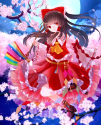 Rule 34 | &gt;:), 1girl, ascot, backlighting, black footwear, black hair, boots, bow, cherry blossoms, closed mouth, cross-laced footwear, embellished costume, floating hair, flower, frilled shirt collar, frills, full body, full moon, gohei, hair bow, hair tubes, hakurei reimu, highres, lace-up boots, long hair, long sleeves, looking at viewer, moon, night, night sky, nontraditional miko, rainbow order, red bow, red eyes, red shirt, red skirt, ribbon-trimmed sleeves, ribbon trim, sakizaki saki-p, shirt, skirt, skirt set, sky, sleeveless, sleeveless shirt, smile, solo, touhou, v-shaped eyebrows, wide sleeves