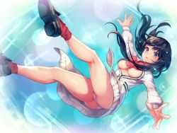 Rule 34 | 1girl, areola slip, bad id, bad pixiv id, bare legs, black footwear, black hair, blue background, blue eyes, blush, bow, bowtie, breasts, falling, full body, gridman universe, inari kei, kneepits, light particles, long hair, looking at viewer, medium breasts, open clothes, open shirt, outstretched arms, panties, pantyshot, red bow, red socks, shirt, shoes, skirt, socks, solo, spread arms, ssss.gridman, takarada rikka, underwear, white panties, white shirt, white skirt