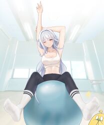 Rule 34 | 1girl, absurdres, alternate costume, arms up, azur lane, ball, black pantyhose, blunt bangs, commentary request, exercise ball, feet, ghhoward, grey hair, hand on own arm, highres, indoors, legs, long hair, looking at viewer, manjuu (azur lane), marseillaise (azur lane), marseillaise (fighting angel&#039;s regimen) (azur lane), midriff, mixed-language commentary, navel, no shoes, one eye closed, paid reward available, pantyhose, red eyes, ribbed socks, shiny skin, sitting, socks, socks over pantyhose, soles, solo, sports bra, stomach, sweat, sweatdrop, toes, white socks, white sports bra, window