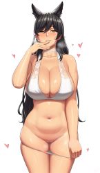 Rule 34 | 1girl, animal ears, atago (azur lane), atago (summer march) (azur lane), azur lane, bad id, bad pixiv id, bar censor, belly, bikini, breasts, brown eyes, censored, choker, cleavage, collarbone, commentary, curvy, dog ears, heart, heavy breathing, highres, hip focus, huge breasts, long hair, looking at viewer, lvl (sentrythe2310), navel, panties, panty pull, plump, pussy, simple background, skindentation, smile, solo, sweat, swimsuit, thick thighs, thighs, underwear, very long hair, white background, white bikini, white panties