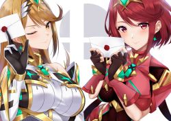 Rule 34 | 2girls, black gloves, blonde hair, breasts, chest jewel, dress, dual persona, earrings, elbow gloves, female focus, fingerless gloves, gloves, headpiece, highres, jewelry, large breasts, long hair, matching hair/eyes, multiple girls, mythra (massive melee) (xenoblade), mythra (xenoblade), nintendo, one eye closed, pantyhose, pantyhose under shorts, pyra (xenoblade), red eyes, red hair, short dress, short hair, shorts, smash invitation, super smash bros., super smash bros. logo, swept bangs, tiara, very long hair, white gloves, wink, xenoblade chronicles (series), xenoblade chronicles 2, yellow eyes, yuuki shin