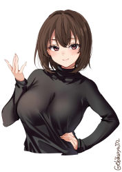 Rule 34 | 1girl, black shirt, blush, bob cut, breasts, brown eyes, brown hair, ebifurya, hair between eyes, hand on own hip, highres, hyuuga (kancolle), kantai collection, large breasts, lips, long sleeves, looking at viewer, one-hour drawing challenge, shirt, short hair, simple background, skin tight, solo, turtleneck, twitter username, upper body, white background