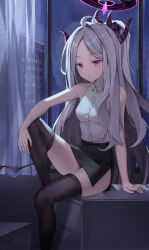 Rule 34 | 1girl, ahoge, arm support, bare arms, bare shoulders, black skirt, black thighhighs, blue archive, breasts, building, commentary request, curtains, dawon, demon girl, demon horns, demon wings, desk, forehead, halo, highres, hina (blue archive), horns, indoors, knee up, long hair, looking at viewer, miniskirt, night, night sky, on desk, parted bangs, parted lips, pencil skirt, purple eyes, reflection, shirt, side slit, sidelocks, sitting, on desk, skirt, sky, skyscraper, sleeveless, sleeveless shirt, small breasts, solo, swept bangs, thighhighs, very long hair, white hair, white shirt, window, wings, zettai ryouiki