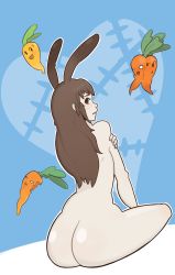 Rule 34 | 1girl, :3, absurdres, animal ears, armpits, artist request, ass, back, barefoot, blush, breasts, brown eyes, brown hair, carrot, completely nude, embarrassed, eyebrows, eyelashes, feet, female focus, fingernails, food, from behind, hand on own arm, heart, heart background, highres, huge ass, huge filesize, legs, light blue background, long hair, looking at viewer, looking back, medium breasts, neck, nude, open mouth, pale skin, profile, rabbit ears, rabbit girl, roosterteeth, rwby, shy, sideboob, sidelocks, sitting, stitches, thighs, turning head, v arms, vegetable, velvet scarlatina