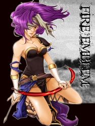 Rule 34 | 1girl, armor, arrow (projectile), bad id, bad pixiv id, belt, bow (weapon), breasts, bridal gauntlets, cleavage, collarbone, copyright name, fire emblem, fire emblem: new mystery of the emblem, headband, long hair, malice (fire emblem), nintendo, purple eyes, purple hair, sandals, solo, tomygrave, weapon