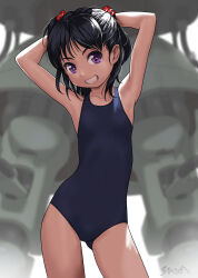 Rule 34 | 1girl, arms behind head, arms up, black hair, black one-piece swimsuit, commentary request, contrapposto, cowboy shot, flat chest, gluteal fold, grin, hair bobbles, hair ornament, highres, looking at viewer, mecha, new school swimsuit, one-piece swimsuit, original, purple eyes, robot, rohitsuka, school swimsuit, smile, solo, standing, swimsuit, two side up