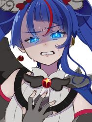 1girl armor black_wings blue_eyes blue_hair commentary cure_sky cure_sky_(dark) cut_bangs dark_persona detached_sleeves dress earclip earrings fingerless_gloves frown gloves grey_dress grey_gloves grimace half-closed_eyes hand_on_own_chest hirogaru_sky!_precure jewelry long_hair looking_at_viewer magical_girl multicolored_hair pauldrons precure puffy_detached_sleeves puffy_sleeves red_hair shoulder_armor single_earring single_pauldron single_sidelock sleeveless sleeveless_dress solo sora_harewataru spiked_pauldrons streaked_hair sweat twintails user_yved3453 white_background wince wing_hair_ornament wings