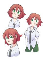 Rule 34 | 1girl, amputee, armless amputee, collar, collarbone, collared shirt, double amputee, duruznik, green eyes, green pants, highres, katawa shoujo, looking afar, looking away, looking up, multiple views, necktie, no arms, pants, red hair, school uniform, shirt, short hair, simple background, tezuka rin, tied sleeves, white background, white shirt