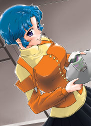 Rule 34 | 1girl, black skirt, blue eyes, blue hair, blush, breasts, from above, hair behind ear, kusuha mizuha, looking up, medium breasts, murai double e, parted bangs, short hair, skirt, smile, solo, super robot wars, super robot wars original generation, sweater, textless version, turtleneck, turtleneck sweater, yellow sweater
