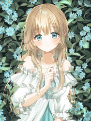 Rule 34 | 1girl, blonde hair, blush, breasts, clenched hand, commentary, daisy, dress, english commentary, flower, frilled dress, frills, green eyes, hand up, holding, holding jewelry, holding necklace, jewelry, kompeitou (lemon garden), leaf, long hair, looking at viewer, medium breasts, necklace, off shoulder, original, sidelocks, smile, solo, symbol-only commentary, upper body, wavy hair, white dress, white flower