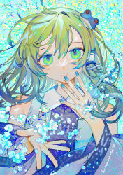 Rule 34 | 1girl, artist name, blue nails, blue shirt, closed mouth, collared shirt, commentary request, detached sleeves, flower, frog, green eyes, green hair, hair ornament, hands up, hinasumire, kochiya sanae, long hair, looking at viewer, nail polish, shirt, single hair tube, sleeveless, sleeveless shirt, smile, snake, solo, touhou, two-tone shirt, upper body, white flower, white shirt, white sleeves, wide sleeves
