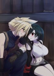 Rule 34 | 1boy, 1girl, armor, baggy pants, bare shoulders, black hair, black skirt, black sleeves, blonde hair, blue eyes, blue pants, blue sweater, blush, breasts, brown gloves, chaotic dragon, cleavage, closed mouth, cloud strife, commentary request, couple, crop top, detached sleeves, earrings, elbow rest, eye contact, feet out of frame, final fantasy, final fantasy vii, final fantasy vii ever crisis, forced smile, gloves, highres, jewelry, large breasts, light smile, long hair, looking at another, midriff, miniskirt, navel, on one knee, outdoors, pants, red eyes, red gloves, short hair, shoulder armor, single earring, sitting, skirt, sleeveless, sleeveless turtleneck, spiked hair, suspender skirt, suspenders, sweater, tank top, tifa lockhart, turtleneck, turtleneck sweater, twitter username, water tank, white tank top