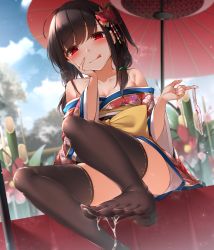 Rule 34 | 1girl, :q, bare shoulders, black hair, black thighhighs, blue sky, blush, breasts, cleavage, cloud, collarbone, commentary request, day, hair ornament, hand on own cheek, hand on own face, highres, holding, holding clothes, holding panties, holding underwear, japanese clothes, kimono, looking at viewer, medium breasts, naughty face, oil-paper umbrella, original, panties, pulque, red eyes, short hair, sitting, sky, soles, solo, suggestive fluid, thighhighs, tongue, tongue out, toyosaki shu, umbrella, underwear, white panties