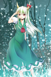 Rule 34 | &gt;:), 1girl, :d, dress, ex-keine, fireflies, green dress, green hair, highres, horn ornament, horn ribbon, horns, kamishirasawa keine, kochouka, long hair, looking away, multicolored hair, night, night sky, open mouth, parted lips, puffy short sleeves, puffy sleeves, red eyes, ribbon, short sleeves, sky, smile, solo, star (sky), starry sky, touhou, tree shade, two-tone hair, v-shaped eyebrows, white hair