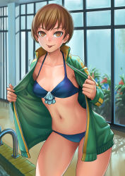 Rule 34 | 1girl, :p, bikini, blue bikini, blush, bob cut, breasts, brown eyes, brown hair, cleavage, collarbone, commentary, front-tie bikini top, front-tie top, highres, indoors, jacket, lasterk, long sleeves, looking at viewer, navel, open clothes, open jacket, persona, persona 4, satonaka chie, short hair, small breasts, smile, solo, swimsuit, tongue, tongue out, track jacket