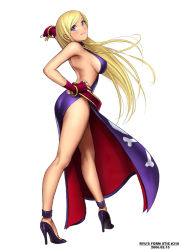 Rule 34 | 1girl, back, backless dress, backless outfit, bare back, bare shoulders, belt, blonde hair, blue eyes, blush, bracelet, breasts, cleavage, collar, curvy, dress, elbow gloves, fatal fury, female focus, fingerless gloves, gloves, high heels, jenet behrn, jewelry, large breasts, legband, legs, long hair, long legs, garou: mark of the wolves, muscular, no bra, ryu (ryu&#039;s form site), shoes, sideboob, skirt, snk, solo, the king of fighters, thighs