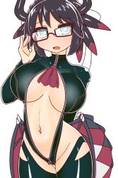 Rule 34 | 1girl, adjusting eyewear, black hair, blue eyes, bodysuit, breasts, cahf/find, cleavage, cowboy shot, dragon girl, dragon horns, dragon tail, dragon wings, duel monster, glasses, horns, house dragonmaid, large breasts, latex, latex bodysuit, looking at viewer, navel, open mouth, short hair, simple background, solo, tail, thighhighs, unzipped, white background, wings, yu-gi-oh!, zipper