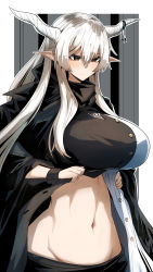 Rule 34 | 1girl, arknights, black cloak, black dress, blush, breasts, brown eyes, cloak, closed mouth, cowboy shot, demon horns, dress, embarrassed, frown, furrowed brow, gin moku, groin, hair between eyes, highres, horns, large breasts, long hair, looking down, navel, outline, pointy ears, shining (arknights), sidelocks, solo, standing, stomach, sweatdrop, toned, turtleneck, turtleneck dress, two-tone dress, unbuttoned, white dress, white hair, wristband