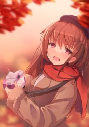 Rule 34 | 1girl, autumn, autumn leaves, beret, black hat, blurry, blurry background, blurry foreground, bright pupils, brown hair, camera, camera around neck, coat, hair between eyes, hat, highres, holding, holding camera, leaf, long hair, looking at viewer, maple leaf, open mouth, original, outdoors, red scarf, scarf, smile, solo, upper body, zum rock