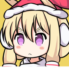 Rule 34 | 1girl, :&lt;, azur lane, blonde hair, blush, closed mouth, commentary request, fur-trimmed headwear, fur trim, hair between eyes, hair ornament, hat, long hair, looking at viewer, nagato-chan, portrait, purple eyes, red hat, santa hat, sidelocks, simple background, solo, v-shaped eyebrows, warspite (azur lane), warspite (christmas warrior) (azur lane), yellow background