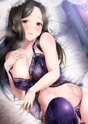 Rule 34 | 10s, 1girl, babydoll, bad id, bad twitter id, bare shoulders, black hair, black panties, black thighhighs, blush, breasts, cleavage, collarbone, floral print, garana, green eyes, hand on own chest, idolmaster, idolmaster cinderella girls, knee up, lace, large breasts, light particles, lingerie, long hair, looking at viewer, lying, mukai takumi, navel, on back, on bed, panties, parted lips, pillow, rose print, side-tie panties, smile, solo, string panties, sunlight, thighhighs, underwear, yellow eyes