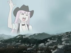 Rule 34 | 1girl, animated, big enough (meme), blue sky, breasts, choker, cleavage, closed eyes, cowboy hat, hat, hololive, hololive english, jiggle, large breasts, long hair, meme, mori calliope, open mouth, pink hair, screaming, sky, solo, sound, video, virtual youtuber, zedd (zedgawr)