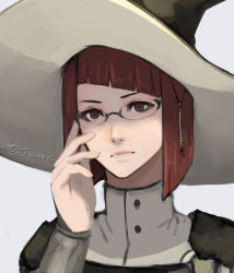 Rule 34 | 1girl, closed mouth, cm lynarc, fire emblem, fire emblem awakening, glasses, grey background, hair ornament, hands on own face, hat, looking at viewer, medium hair, miriel (fire emblem), nintendo, red eyes, red hair, solo, turtleneck, upper body, witch hat