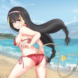 Rule 34 | 1girl, anal tail, ass, beach, bikini, black hair, blue eyes, breasts, butt crack, butt plug, cloud, fake tail, grin, hairband, lessar, long hair, looking at viewer, looking back, medium breasts, multicolored hair, ocean, outdoors, red bikini, sex toy, shin (highest1192), sideboob, sky, smile, solo, standing, swimsuit, tail, toaru majutsu no index, very long hair, water