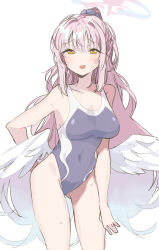 Rule 34 | 1girl, arm behind back, blue archive, blue one-piece swimsuit, competition swimsuit, covered navel, feathered wings, half-closed eyes, halo, hei (tonarinohey), highres, long hair, looking at viewer, low wings, mika (blue archive), one-piece swimsuit, open mouth, pink hair, simple background, solo, swimsuit, very long hair, white background, white wings, wings, yellow eyes