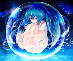 Rule 34 | 1girl, barefoot, blue eyes, blue hair, bubble, feet, female focus, fetal position, floating, full body, hatsune miku, highres, hugging own legs, long hair, matching hair/eyes, naka (cheeseyeast), smile, soles, solo, space, toes, twintails, underwater, very long hair, vocaloid