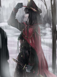 Rule 34 | 1girl, adjusting clothes, adjusting headwear, black gloves, black hair, blood, blood on face, cape, fate/grand order, fate (series), from as, from behind, gloves, holding, holding sword, holding weapon, katana, oda nobunaga (fate), oda nobunaga (koha-ace), pikouros4869, rain, red cape, red eyes, solo, sword, uniform, weapon, wet