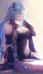 Rule 34 | 1girl, bare shoulders, breasts, from side, genshin impact, hair ornament, hand up, highres, large breasts, long hair, mitsukayurie, official alternate costume, parted lips, shenhe (frostflower dew) (genshin impact), shenhe (genshin impact), sitting, solo, thighs, vision (genshin impact)