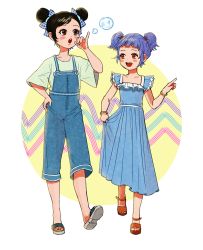 Rule 34 | 2girls, :d, black eyes, black hair, blue dress, blue hair, blush, blush stickers, bow, blowing bubbles, charlotte (cyphers), commentary, cyphers, double bun, dress, english commentary, hair bow, hair bun, highres, marlene (cyphers), multiple girls, n-i-s-s-i, open mouth, overalls, pointing, red eyes, sandals, short hair, short sleeves, short twintails, skirt hold, smile, standing, twintails, walking, white background, wristband