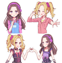 Rule 34 | 2girls, :d, ;d, aikatsu!, aikatsu! (series), bare arms, bare shoulders, black dress, blonde hair, blush, breast pocket, brown eyes, brown hair, closed mouth, collarbone, cropped torso, daichi nono, drawstring, dress, forehead, hair ornament, hair scrunchie, hairband, heart, heart hands, heart hands duo, highres, hood, hood down, hoodie, jacket, long hair, long sleeves, looking at viewer, makiaato, multiple girls, multiple views, one eye closed, open mouth, outstretched arm, overalls, parted bangs, pink jacket, pocket, purple dress, purple eyes, purple hairband, purple hoodie, purple scrunchie, ringlets, scrunchie, shirakaba risa, shirt, simple background, sleeveless, sleeveless dress, smile, striped clothes, striped shirt, twintails, v, white background
