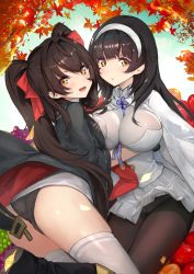 Rule 34 | 2girls, asarokuji, ass, autumn, autumn leaves, bad id, bad twitter id, between breasts, black hair, breasts, girls&#039; frontline, hair ribbon, hairband, highres, large breasts, looking at viewer, multiple girls, panties, panties under pantyhose, pantyhose, pleated skirt, ribbon, skirt, smile, thighhighs, twintails, type 95 (girls&#039; frontline), type 97 (girls&#039; frontline), underwear, yellow eyes