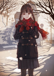 Rule 34 | 1girl, bare tree, black coat, black pantyhose, black skirt, blunt bangs, braid, brown eyes, brown hair, closed mouth, coat, commentary request, day, duffel coat, expressionless, fringe trim, gloves, hands up, house, kaoming, lips, long hair, long sleeves, looking at viewer, original, outdoors, pantyhose, plaid, plaid scarf, plaid skirt, pleated skirt, red gloves, red scarf, road, road sign, scarf, short hair, sign, skirt, snow, snowing, solo, standing, street, sunlight, tree, tsurime, twin braids, utility pole, winter
