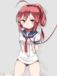 Rule 34 | 10s, 1girl, arms behind back, bad id, bad pixiv id, bdsm, blush, bondage, bound, collar, i-168 (kancolle), kantai collection, leash, mitsudoue, ponytail, red eyes, red hair, school swimsuit, school uniform, serafuku, simple background, slave, solo, swimsuit, swimsuit under clothes, viewer holding leash