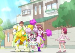 Rule 34 | 1boy, 3girls, arms up, boots, cape, cheering, circlet, dress, family, frilled dress, frills, fur trim, glasses, green footwear, hair ornament, heart, heart hair ornament, hugtto! precure, itommy, magical boy, magical girl, multiple girls, nono hana, nono kotori, nono shintarou, nono sumire, pink hair, pink skirt, pom pom (clothes), precure, puffy short sleeves, puffy sleeves, purple footwear, short sleeves, skirt, spoilers, surprised, sweatdrop, tree, twintails, white legwear