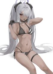 Rule 34 | 1girl, :o, absurdres, arm up, armpits, bare arms, bare shoulders, bikini, black bikini, black choker, black gloves, blue archive, bow, breasts, choker, collarbone, dark skin, feet out of frame, gloves, gompang 11, grey hair, hair bow, hair over one eye, halo, halterneck, highres, iori (blue archive), iori (swimsuit) (blue archive), long hair, looking at viewer, medium breasts, multi-strapped bikini bottom, navel, open mouth, pointy ears, red eyes, side-tie bikini bottom, simple background, skindentation, solo, stomach, string bikini, swimsuit, thigh strap, thighs, twintails, v-shaped eyebrows, very long hair, white background