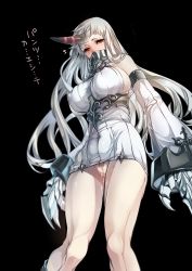 Rule 34 | 10s, 1girl, abyssal ship, bare legs, bare shoulders, black background, breasts, claws, covered erect nipples, detached sleeves, dress, female pubic hair, highres, horns, kantai collection, large breasts, long hair, naked sweater, no panties, pale skin, pubic hair, pussy, pussy juice, rathke, red eyes, ribbed dress, ribbed sweater, seaport princess, short dress, sideboob, silver hair, simple background, single horn, solo, sweater, sweater dress, tears, translated, uncensored, very long hair