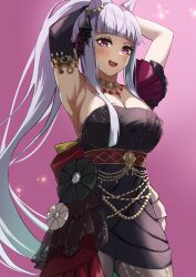 Rule 34 | 1girl, absurdres, animal ears, armpits, arms up, asymmetrical gloves, azuki (azuki azukki), bare shoulders, black dress, black gloves, black pantyhose, blush, breasts, cleavage, commentary request, cowboy shot, dress, elbow gloves, gloves, gold ship (la mode 564) (umamusume), gold ship (umamusume), gradient background, grey hair, highres, horse ears, horse girl, horse tail, large breasts, long hair, looking at viewer, official alternate costume, open mouth, pantyhose, pink eyes, simple background, smile, solo, tail, textless version, umamusume